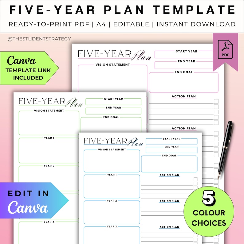 May include: A collection of printable five-year plan templates in various colors. The templates include sections for vision statements, goals, and action plans. The design is editable in Canva and available for instant download.