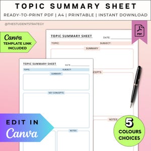 Simple Topic Summary Revision Sheet | Revision Plan Study Template | Printable Note-Taking Template | Canva Template | A4 Digital PDF