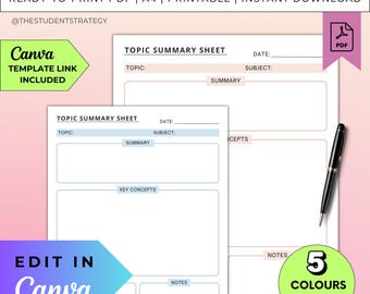 Simple Topic Summary Revision Sheet | Revision Plan Study Template | Printable Note-Taking Template | Canva Template | A4 Digital PDF