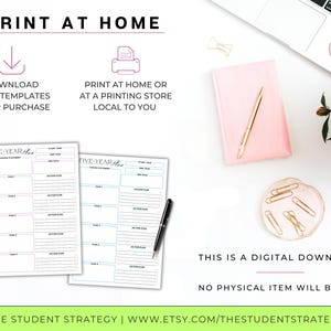 May include: A digital download product image featuring two "Five-Year Plan" templates, a pink notebook with a gold pen, and a laptop. The image also includes text that reads "Print at Home" and "This is a digital download."