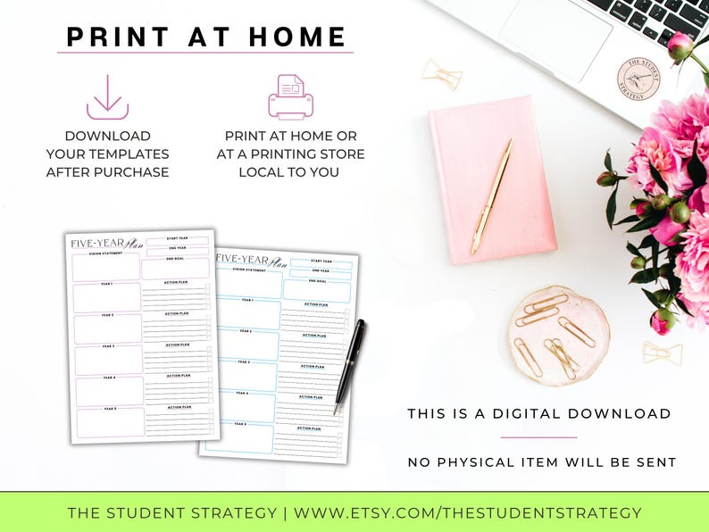 May include: A digital download product image featuring two "Five-Year Plan" templates, a pink notebook with a gold pen, and a laptop. The image also includes text that reads "Print at Home" and "This is a digital download."