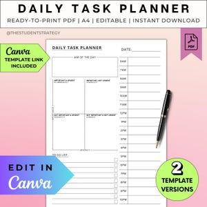 Daily Priority Planner | Eisenhower Matrix | Task Priority Matrix | Time Blocking | To Do List | Canva Editable | A4 PDF | Digital Download