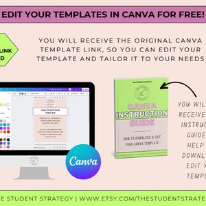 May include: A computer monitor displays a Canva template, with a green Canva template link icon. A green and white Canva Instruction Guide book is next to the monitor. Text includes "Edit your templates in Canva for free!"