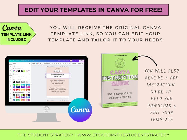 May include: A computer monitor displays a Canva template, with a green Canva template link icon. A green and white Canva Instruction Guide book is next to the monitor. Text includes "Edit your templates in Canva for free!"