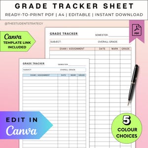 Seguimiento de calificaciones simple / Hoja de calificaciones imprimible para estudiantes / Universidad / Editable en Canva / PDF A4 / Descarga digital