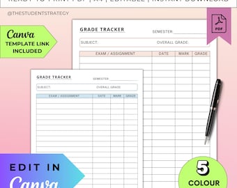 Einfache Notenliste | Druckbarer Notenbogen für Studenten | College & Universität | Canva Bearbeitbar | A4 PDF | Digitaler Download