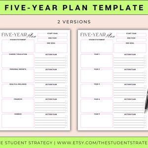 May include: A five-year plan template with two versions. The template includes sections for vision statements, career/education, personal growth, health & wellness, finances, and hobbies. A black pen rests on the right side. The text "FIVE-YEAR PLAN TEMPLATE" is at the top.