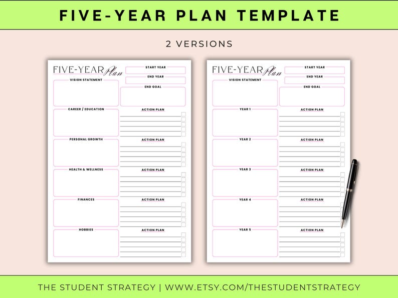 May include: A five-year plan template with two versions. The template includes sections for vision statements, career/education, personal growth, health & wellness, finances, and hobbies. A black pen rests on the right side. The text "FIVE-YEAR PLAN TEMPLATE" is at the top.