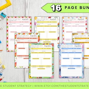 May include: A bundle of 16 colorful printable pages with the text "While You Were Away" and "Substitute Notes". The pages have various floral and fruit borders. The text "16 PAGE BUNDLE!" is in a green banner.