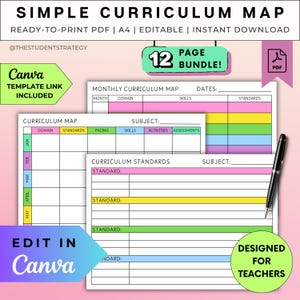 May include: A curriculum map template with the text "SIMPLE CURRICULUM MAP" and "READY-TO-PRINT PDF". The design includes colorful sections for domain, standards, and skills. The text "EDIT IN Canva" is also visible.