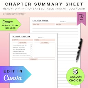 Chapter Summary Sheet & Note-Taking Template | Printable Revision Sheet For Students | Summary Template | Canva Editable | A4 Digital PDF