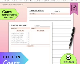 Overzichtsblad hoofdstuk en sjabloon voor het maken van aantekeningen | Afdrukbaar revisieblad voor studenten | Overzichtssjabloon | Bewerkbaar canvas | A4 digitale pdf