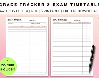Simple Grade Tracker & Exam Timetable Set | Printable Grade Sheet | Exam Schedule Template For Students | A4 A5 US Letter | Digital Download