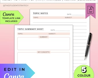 Simple Topic Summary & Note-Taking Template | Printable Revision Sheet | Revision Plan Study Template | Canva Template | A4 Digital PDF