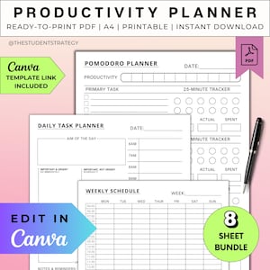 Productivity Planner | Daily & Weekly Task Planner | Eisenhower Matrix | Pomodoro | Time Blocking | Canva Template | A4 Digital PDF