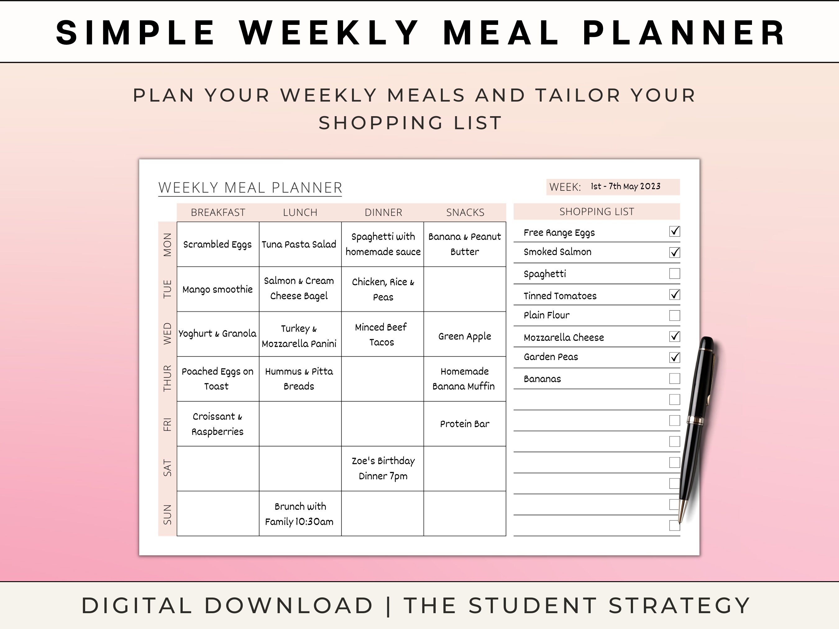 Simple Weekly Meal Planner and Shopping List | Printable Meal Plan ...