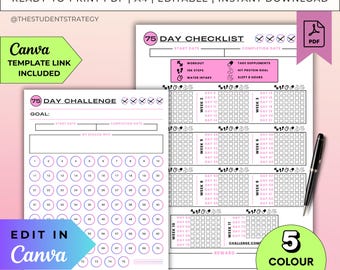 75-Day Checklist & Habit Tracker Template Set | Printable 75-Day Challenge Tracker Sheets | Canva Editable | A4 PDF