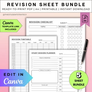Revision Sheet Bundle | Revision Timetable & Checklist | Study Session Planner | Summary Template | Canva Template | A4 Digital PDF
