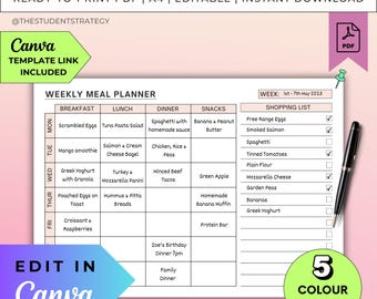Simple Weekly Meal Planner and Shopping List | Printable Meal Plan Template | Meal Prep Template | Canva Editable | A4 Digital PDF
