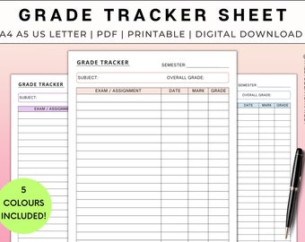 Simple Grade Tracker | Printable Grade Sheet For Students | College & University | A4 A5 US Letter | Digital Download