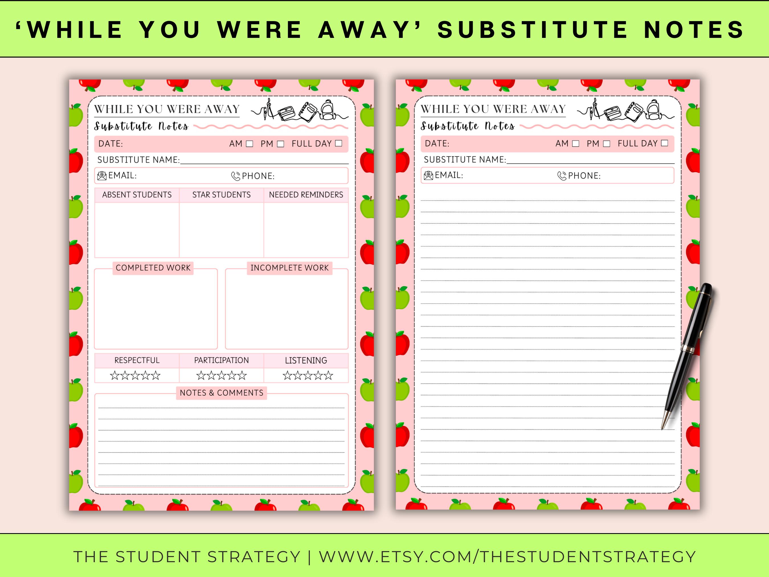 While You Were Away Substitute Teacher Notes | Printable Substitute ...