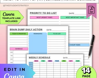 Brain Dump Template Bundle | Printable Brain Dump Worksheets | Task Priority Matrix | Mind Map Template | Canva Editable | A4 PDF