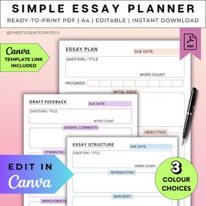 Simple Essay Planner & Checklist | Printable Essay Writing Template for Students | Essay Outline | Canva Editable | A4 Digital Download PDF