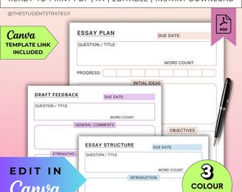 Einfacher Aufsatz-Planer & Checkliste | Druckbare Aufsatz Schreibvorlage für Studenten | Aufsatz Gliederung | Canva Bearbeitbar | A4 Digitaler Download PDF