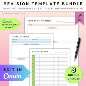 May include: A revision template bundle with ready-to-print PDF documents. The bundle includes a topic summary sheet, theory evaluation sheet, and revision timetable. The Canva template link is included, with 3 color choices.