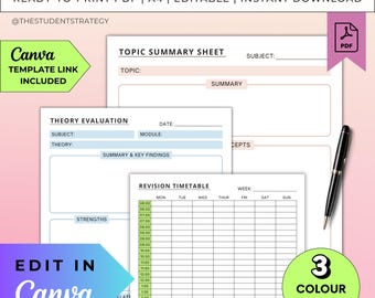 Revision Template Bundle | Printable Revision Sheets For Students | Exam Prep | Summary Templates | Canva Editable | A4 Digital PDF