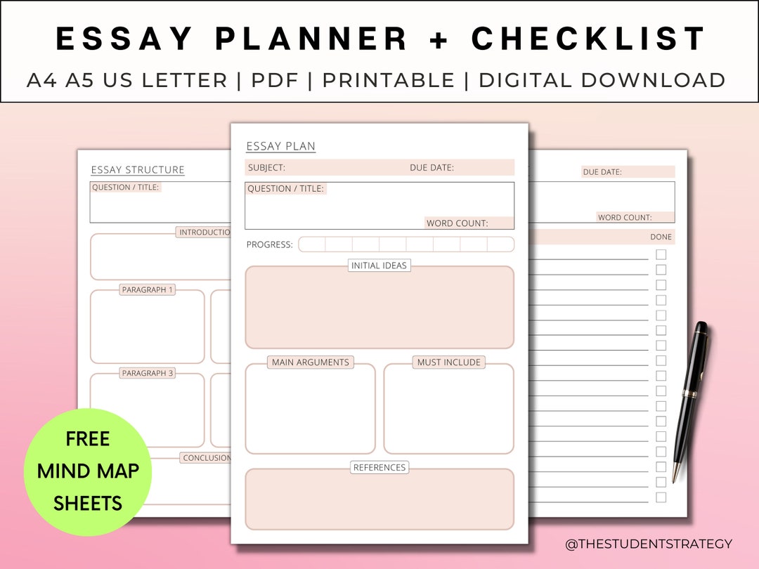 Simple Essay Planner &amp; Checklist Printable Essay Writing - Etsy