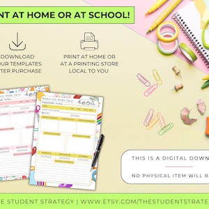 May include: Digital download of printable templates for school or home use. The image shows two colorful "While You Were Away" substitute teacher forms, along with school supplies like pens, scissors, and paperclips. The text says "Print at Home or at School!"