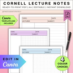 Cornell Notes Template | Lecture Notes | Cornell Method | Dot Grid Lined Paper | Printable Paper | Canva Editable | A4 Digital PDF