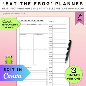 Eat The Frog | Daily Task Priority Planner | Hourly Time Blocking Schedule | Stop Procrastinating | Canva Template | A4 | Digital Download