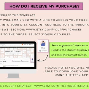 May include: A pink and white graphic with instructions on how to download a purchase from Etsy. The text includes steps to download files, a contact button, and a note about the Etsy app. The Student Strategy logo is at the bottom.