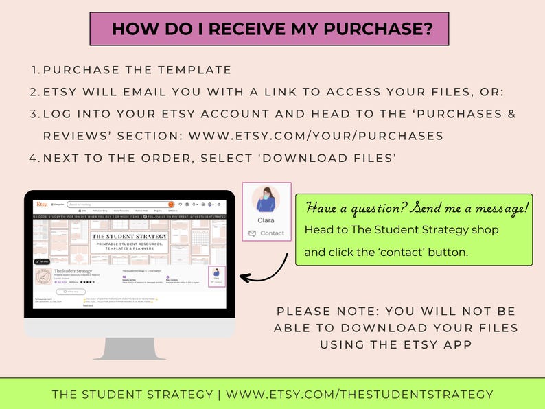 May include: A pink and white graphic with instructions on how to download a purchase from Etsy. The text includes steps to download files, a contact button, and a note about the Etsy app. The Student Strategy logo is at the bottom.