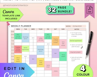 Simple Weekly Schedule Template | Weekly Planner Printable | Undated Weekly Plan | Time Blocking Sheet | Canva Editable | A4 Digital PDF