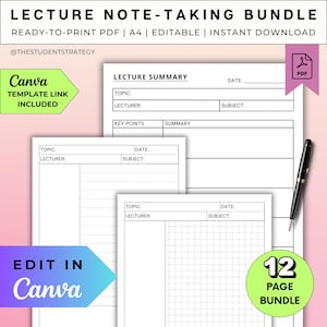 Lecture Notes Template Pack | Printable Cornell Note-Taking for Students | Dot Grid Lined Paper | Canva Editable | A4 PDF | Digital Download