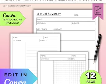 Lecture Notes Template Pack | Printable Cornell Note-Taking for Students | Dot Grid Lined Paper | Canva Editable | A4 PDF | Digital Download