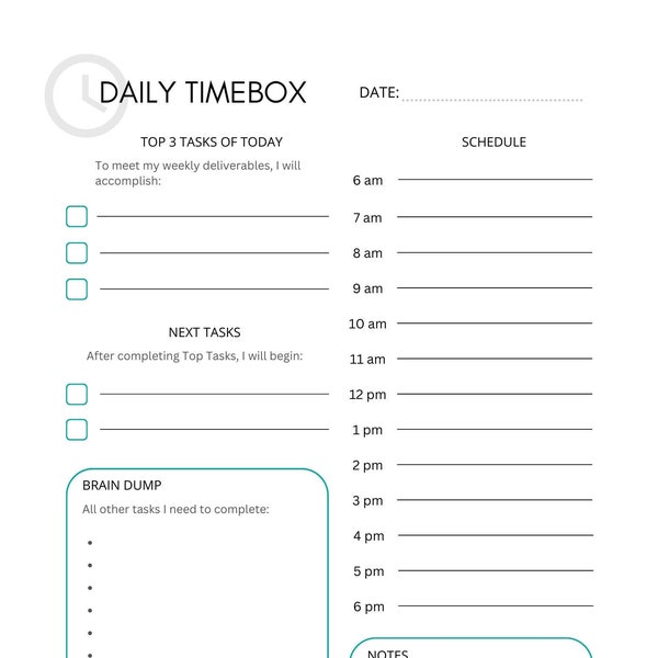 Daily timebox planner | printable PDF template | to-do list | time management | productivity | organization |  simple | digital download