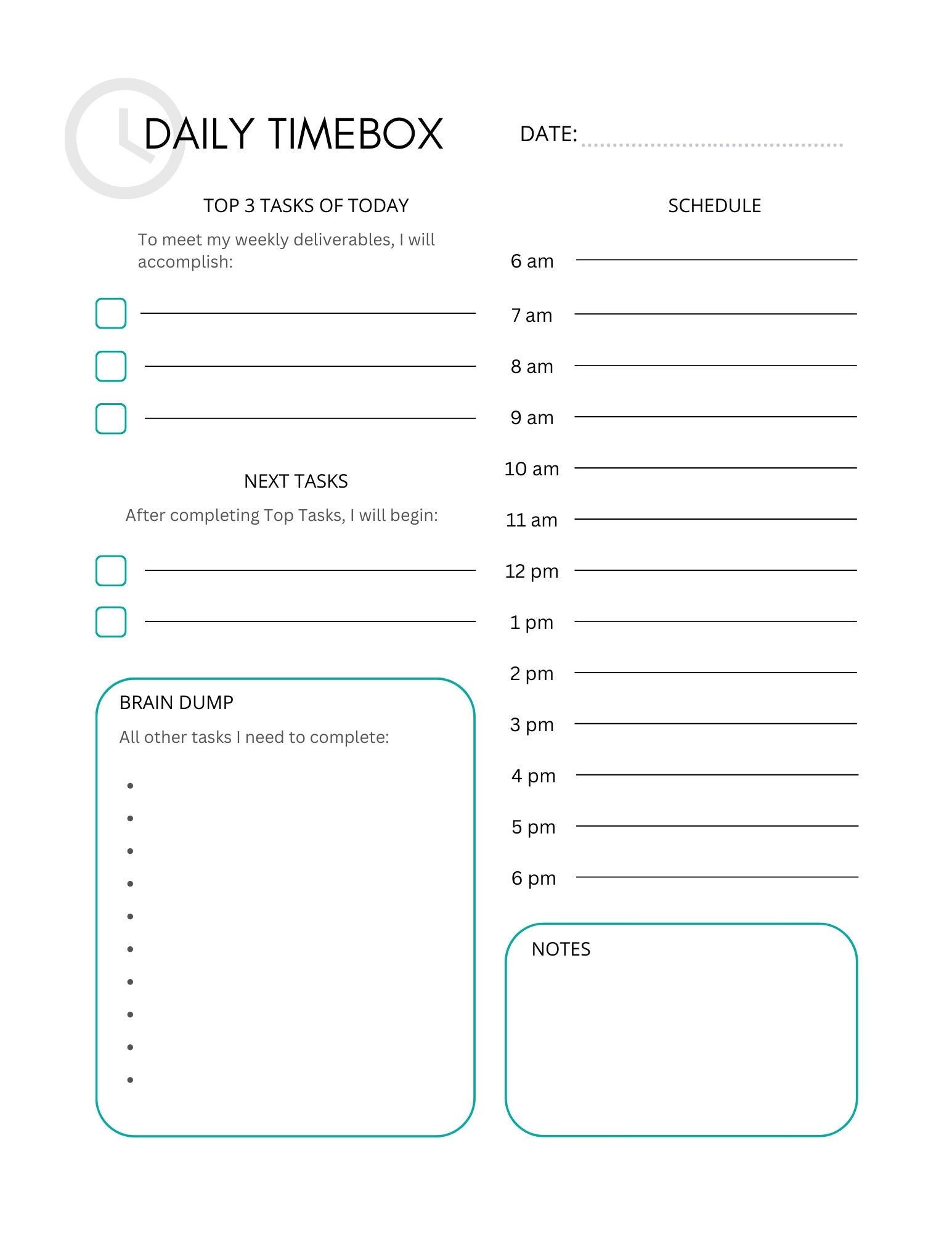 Daily Timebox Planner Printable PDF Template To do List Time Management 