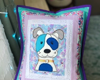 Hand Made Patch Work Pillow “Puppy blue eye”