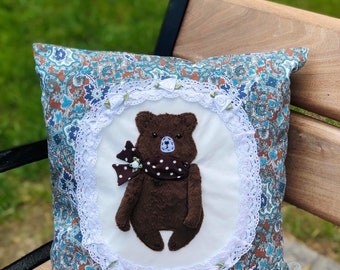 Hand Made Patch Work Pillow “ Vintage Bear”