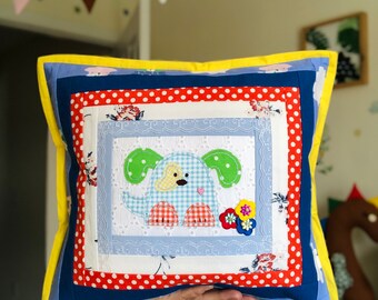 Hand Made Patch Work Pillow “Puppy and flowers”