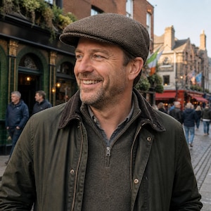 May include: A man wearing a brown tweed flat cap, a dark green jacket with a corduroy collar, and a gray sweater. The background shows a bustling street with shops and people.