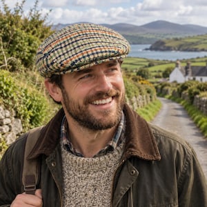 May include: A flat cap featuring a multi-colored plaid pattern in shades of green, orange, blue, and cream. The cap has a structured, rounded crown and a short, stiff brim, constructed from a woven fabric with a visible textured weave.