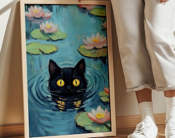 Black Cat Wall Art – Lily Pond Cat Painting – Cute Digital Print for Cat Lovers - Cottagecore & Fantasy Home Decor - Printable Illustration