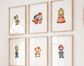 6 láminas de Super Mario para pared - Láminas de videojuegos de superhéroes - Decoración infantil - Guardería y sala de juegos - Descarga digital - Todos los tamaños incluidos