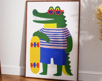 Cool Crocodile Skateboard Print - Boys Nursery Wall Art - Trendy Eclectic Kids Room Decor - Modern Playroom Poster - All Sizes Included