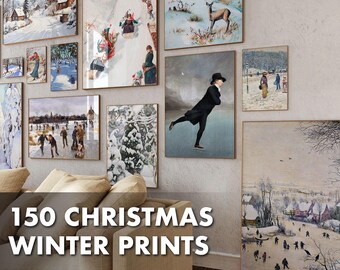 150 impresiones navideñas vintage - Juego de galería navideña para pared - Arte de pared de invierno vintage - Arte de pared navideño imprimible - Decoración navideña digital para el hogar